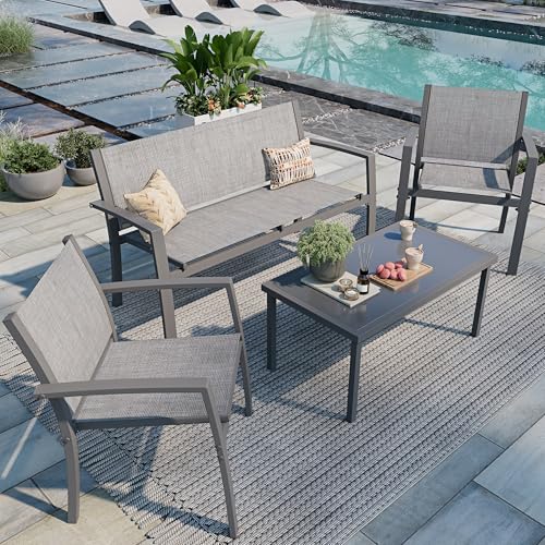 Shintenchi 4 Pieces Patio Furniture Set All Weather Textile Fabric Outdoor Conversation Set, with Glass Coffee Table, Loveseat, 2 Single Chairs for Home, Garden, Lawn, Porch（Silver）