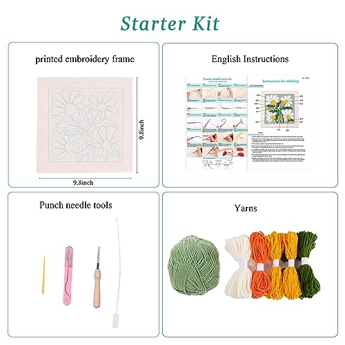 Image of Embroidery Punch Needle kit Frame, Embroidery Starter Kits for Beginner Kids,Punch Needle Fabric with Pattern,Threader, Yarns,Embroidery Hoops & Rug Punch(Green)