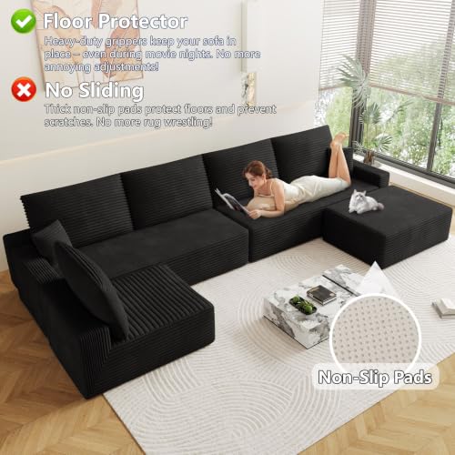 Image of Oversized Modular Sectional Sofa Couch, Large 6 Seater Corner Sofa Modern U Shaped Sectional Couch with Ottoman Cloud Couches for Living Room, Office, Spacious Space, Corduroy, No Assembly, Black