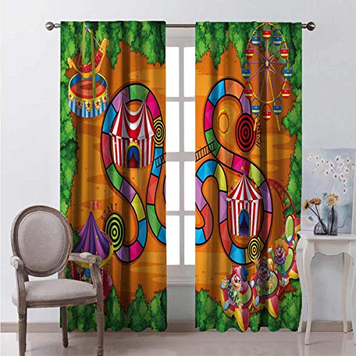 Toopeek - Cortina opaca con diseño de carnaval en la ciudad, personajes de circo, carpas de campaña, ruta de ruta, curvas, bosque, 2 paneles, 54 x 63 pulgadas, multicolor