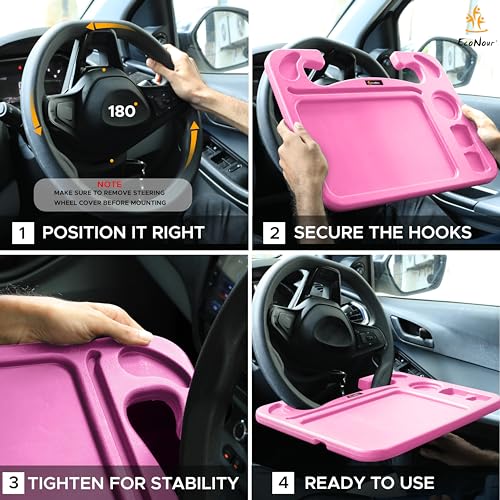 Image of EcoNour 4 in 1 Car Steering Wheel Tray - 2024 Upgraded Pink Tray with Dual Sauce Dip Holder and Tablet Holder | Spacious Steering Wheel Desk for Food and Laptop | Car Accessories (Large)