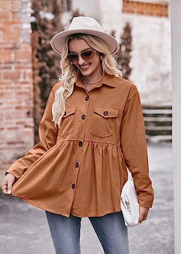 MINTLIMIT Women's Corduroy Peplum Shirt Jacket Long Sleeve Button Down Babydoll Blouse Shacket top with Pocket for 20243