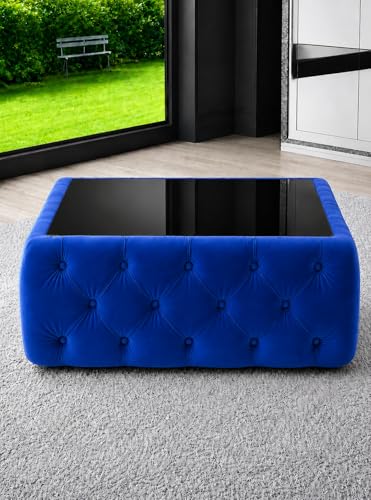 Image of Premium Tufted Upholstered Coffee Table with Mica Top - Modern Square Ottoman Center Table, Soft Velvet Finish, Luxury Living Room Furniture - 30 x 30 x 18 Inch (Royal Blue)