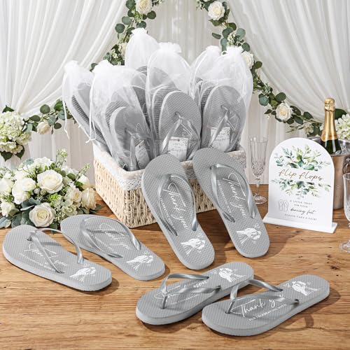 Image of 24 Pairs Bulk Flip Flops for Wedding Guests | Reception Sandals, Wedding Party Favors with Sign, Size Cards, Bagged, Dance Floor Slippers