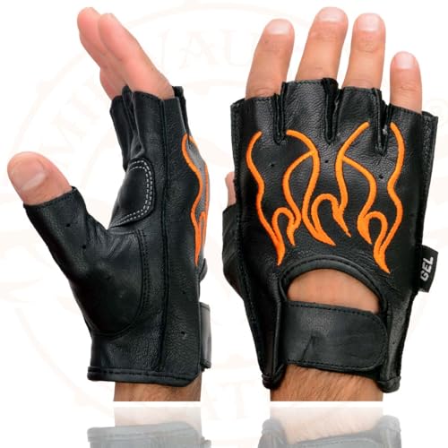 Image of Milwaukee Leather SH198 Men's Black Flame Embroidered Fingerless Gloves with Gel Palm | Padded Comfort; Vibration Relief; Flame Embroidery
