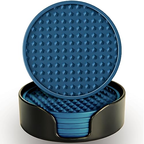 KEHOUXRE Coasters for Drinks 6 Pcs Drink Coaster with Holder,Heat Resistant Silicone Cup Mat Tabletop Protection,Non-Slip Rubber Coasters for Kinds of Cups (Blue)