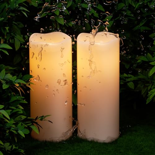 Eldnacele Wasserdichte Flammenlose Kerzen mit Fernbedienung/Timer-Funktion, Batteriebetriebene Große Flackernde LED-Säulenkerzen für Outdoor Garten Laternen Dekoration(Weiß,10cm x 20cm/25cm)