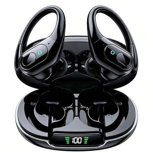 occiam Active Noise Cancelling Earbuds Wireless Bluetooth Headphones Ear Buds 90Hrs Playback Stereo Bass Earphones with Mic Over-Ear Hooks IPX7 Waterproof Headset for Work Sports Running Glossy Black