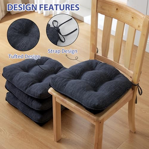 Chair Cushions for Dining Chairs Set of 4, Kitchen Chair Cushions, Chair Pads with Ties and Non Slip Backing, Tufted Memory Foam Seat Cushion 4 Pack, 15.5" x 15.5" x 4", Navy Blue