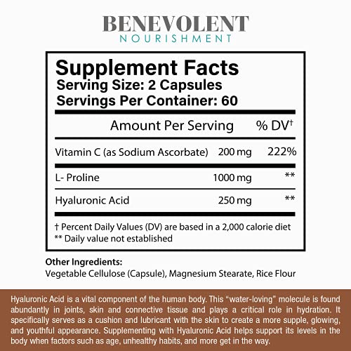 Premium Hyaluronic Acid Supplements 250Mg - With 200Mg Vitamin C & 1000Mg L Proline, Non-Gmo 120 Capsules, Anti Aging, Promotes Youthful Healthy Skin, Supports Healthy Connective Tissue And Joints #TOP1