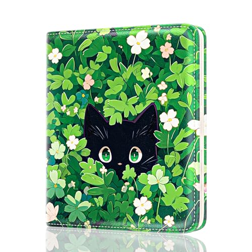 Rouidr Womens Wallet, RFID Small Slim Wallet for Women, Cute Bifold Leather Pocket Credit Card Holder Ladies Mini Purse with Zipper Coin Pocket & ID Window, Green Leaf Cat
