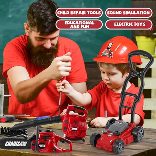 Arrowbash 3 Pcs Toy Gardening Tool Set for Kids Toy Leaf Blower Chainsaw Push Lawn Mower Pretend Set with Lights and Sounds Christmas Birthday Gifts for Boys Girls