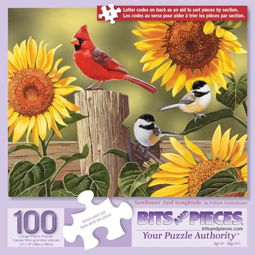 Bits and Pieces – 100 Piece Jigsaw Puzzle for Adults – Sunflower & Songbirds - Cardinals Jigsaw Puzzle by William Vanderdasson, Completed Puzzle...