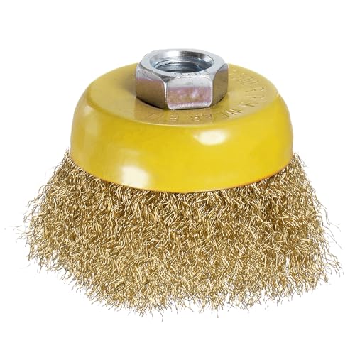 Image of Wire Cup Brush for Rotary Tool - [3 Inch] Coarse Crimped for Paint Stripping Cleaning Rust Light Duty Conditioning, 5 /8 Inch-11 Arbor, Yellow