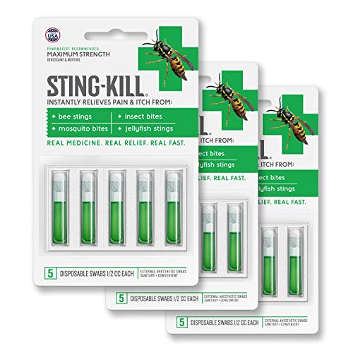 Sting-Kill First Aid Anesthetic Swabs, Instant Pain + Itch Relief From Bee Stings and Bug Bites, 5-count (pack of 3)