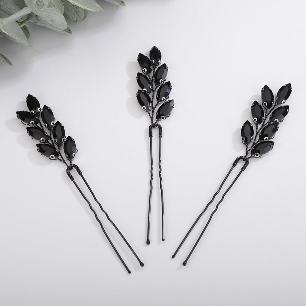 Teyglen 3pcs Bridal Black Crystal Hair Pins Rhinestone Hair Pieces Bride Wedding Hair Accessories Vintage Black Rhinestone Hair Pins for Women Halloween Party Prom (Black)