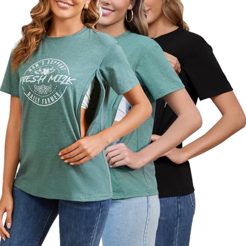 Image of Ecavus Women's 3-Pack Nursing Shirts for Breastfeeding with Hidden Zippers Loose Fit Maternity Tops