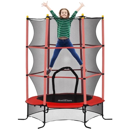 HOMCOM Trampoline Enfant Ø 1,63 × 1,9H m Filet de sécurité Porte zipée Couvre-Ressorts 6 poteaux rembourrés Inclus Rouge