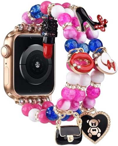 CAGOS Charm Bracelet Compatible with Apple Watch Bands Women, Pink Beaded Cute Kawaii Jewelry Dressy Stretchy Boho Straps for iWatch Bands 38mm 40mm 41mm 42mm 44mm 45mm Series 9 8 7 6 5 4 3 2 1 SE