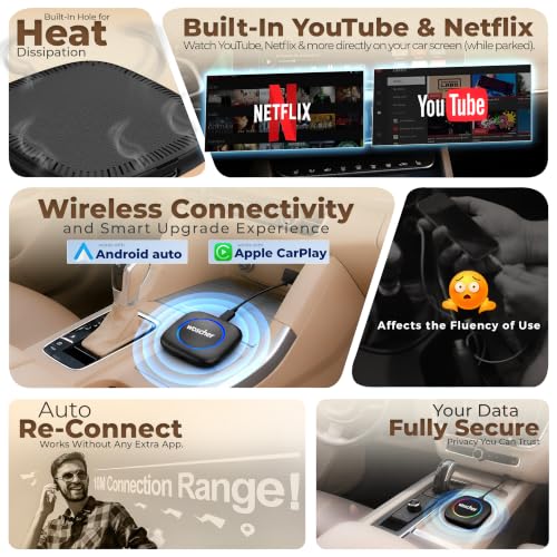 Image of WOSCHER AIRWAVE CarPlay & Android Auto Adapter, Stream YouTube, Netflix, JioHotstar on Car Screen, Converts Wired to Wireless, Qualcomm Octacore Snapdragon, Built-in GPS, 4G SIM Slot, 4GB + 64GB