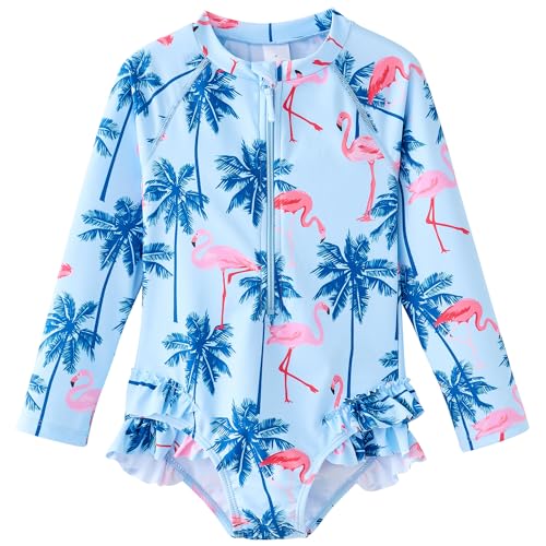 Image of UMELOK Girls Long Sleeve Rash Guard One Piece Swimsuits UPF 50+ Ruffle Zipper Bathing Suit 4-10 Years