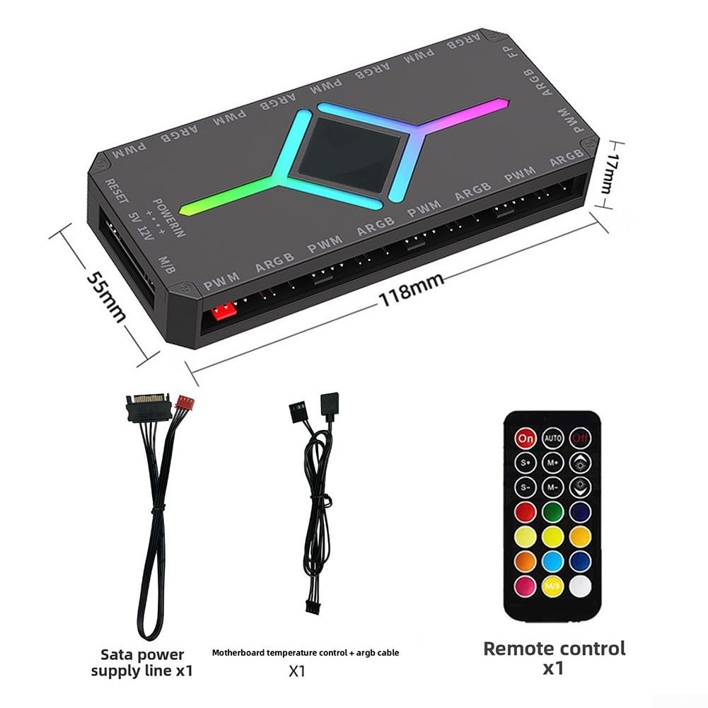 ARGB Controller Hub con 9 porte, controllo della ventola da 5 V a 3 pin, controllo della temperatura, magnetico, telecomando senza fili per alloggiamento PC (nero)