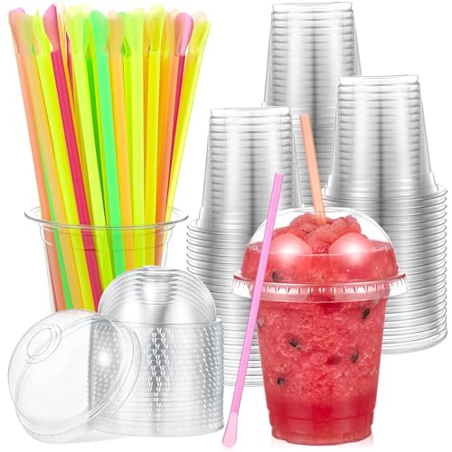 Reallnaive 100 Sets 12 oz Clear Slushie Cups with Dome Lids and Snow Cone Spoon Straws Disposable Smoothie Cold Drinking Cups for Party Iced Coffee Cold Drinks Juice Milkshake