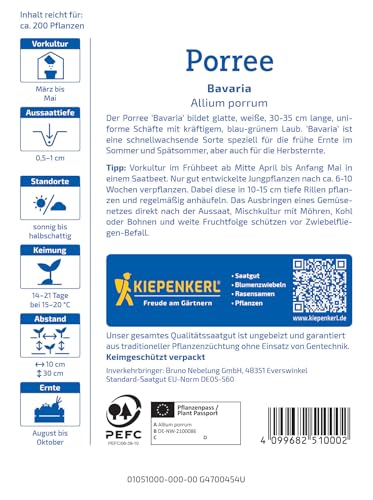 Kiepenkerl Porreesamen Bavaria 1051000 - Sommer- und Herbstporree - schnellwachsend - mittellange Schäfte - 30-35cm - Samen Gemüse, Saatgut, Gemüsepflanzen
