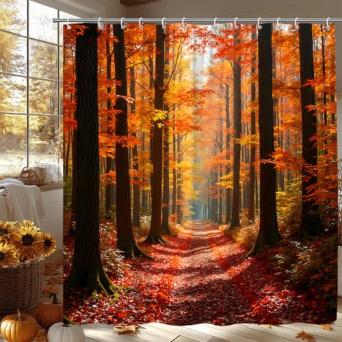 EVRCVAR Fall Forest Shower Curtain Autumn Tree Leaves Rustic Nature Seasonal Outdoor Scenery Country Harvest Bathroom Curtain Fabric with Hooks(70 WX70 H)