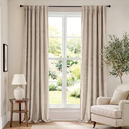 Image of Extra Long Beige Velvet Curtains Rod Pocket 52x120 Inch 2 Panels | Soft Velvet, Room Darkening, For Tall Windows & High Ceilings, Light Shifting Texture, Elegant Drape, Cozy