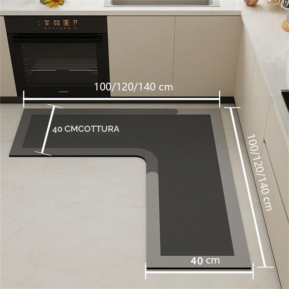 Hixingo Tappeto Cucina in Diatomite, Passatoia Antiscivolo Lavabile, Forma a L, Runner da Bagno e Tappetino per Doccia (140x45cm, Grigio Scuro)