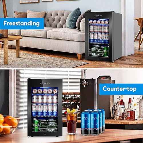 Image of Beverage Refrigerator 17 inch Wide - 126 Can Beverage Cooler with Glass Door | Counter-Top /Freestanding Mini Beverage Beer Fridge | Temperature Memory | Invisible Door | Perfect for Soda,Beer