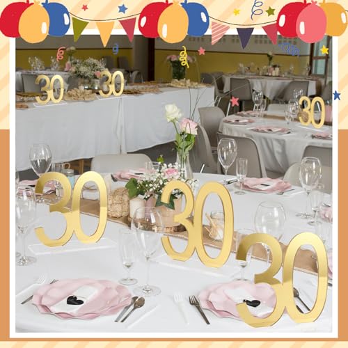 Image of Threehoney 6 Pcs Mirror Gold 30th Birthday Decorations for Men and Women Acrylic Anniversary Decorations Table Numbers Centerpieces for Birthday Party