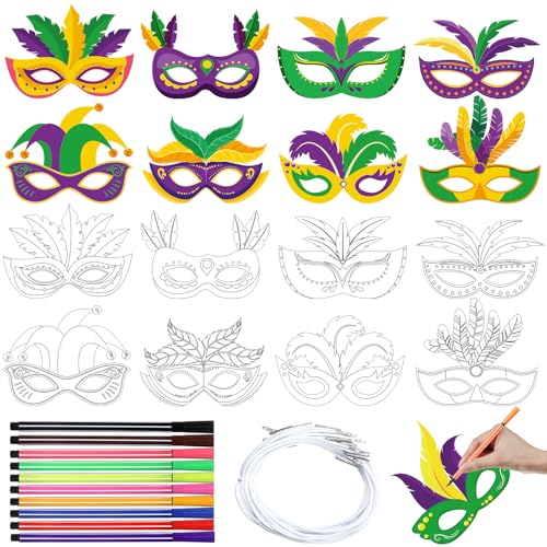 Lenwen 16 Pcs Mardi Gras Coloring Masks Color Your Own Mardi Gras Masks Diy Carnival Masquerade Craft Kits With Pens For Masquerade Birthday Classroom Activities Party Supplies(Carnival)