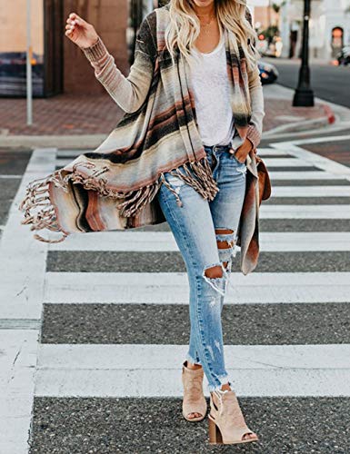 Image of Sexyshine Women's Casual Fall Knit Long Sleeve Tassels Irregular Loose Cardigan Pullover Striped Sweater Poncho