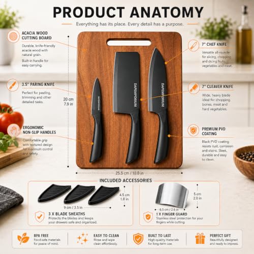 Image of Kitchen Knife Set with Wooden Cutting Board & Finger Guard Set (3+1+1) Stainless Steel Chef, Cleaver & Paring 3-Pcs Knives Set with Safety Covers | Ultra-Sharp Multipurpose Tool Combo