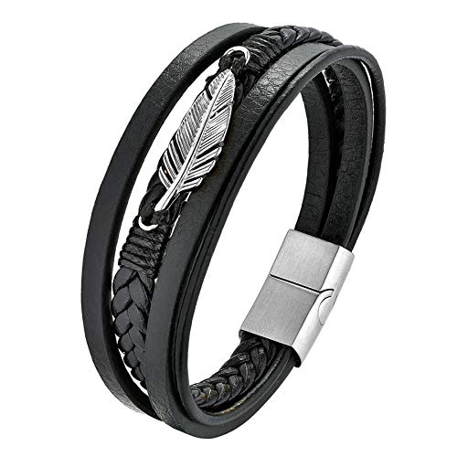 Flongo Herren Lederarmband mit Feder Blatt Laub Edelstahl Geflochten Premium Leder Armband punk Partnerarmband BFF Freundschaftsarmband Armreif Damen Frauen Männer Magnet Schließe Geschenk silber