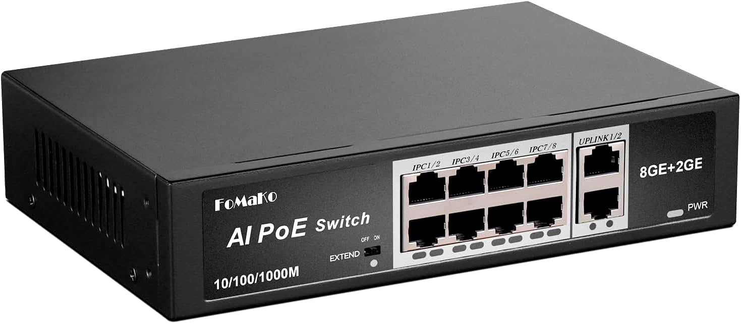 FoMaKo Switch PoE Full Gigabit, 8 Ports PoE+ @120W | Commutateur Ethernet Gigabit PoE 8 Ports | Plug & Play | Mode Extension | Récupération Automatique PoE | Fonctionnement (P1000)