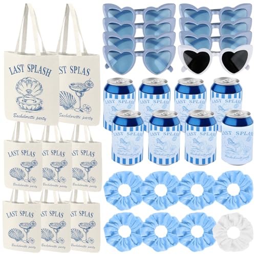 32 Pcs Last Splash Bachelorette Party Favors Bridesmaid Gift Bag Including 8 Heart Shaped Sunglasses Bride Scrunchies Last Splash Themed Tote Bags and Can Coolers for Bridal Shower Party Wedding Gifts