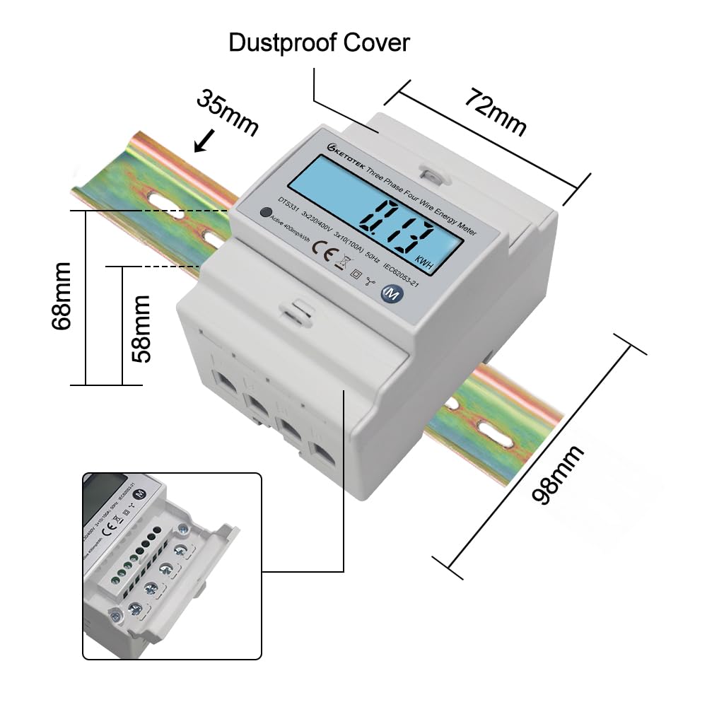 KETOTEK Compteur d'énergie triphasé AC, ampères, volts compteur | wattmètre bidirectionnel, kWh, compteur d'énergie rotatif, 3 x 230 V/400 V, 10 (100) A, DTS331