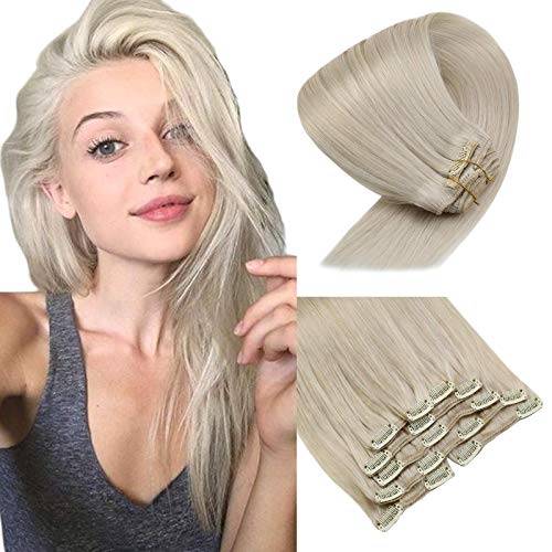 VeSunny Clip in Hair Extensions Human Hair Blonde 24inch Solid Color #60 Blonde Clip on Extensions Human Hair Full Head Clip in Human Hair Extensions 100g 7pcs