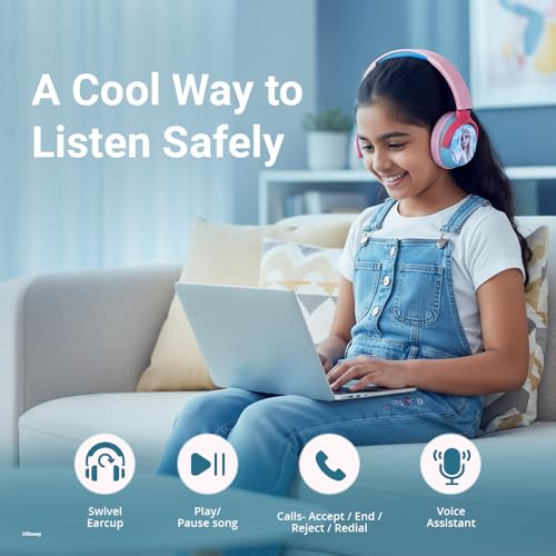 Image of Disney Frozen Kids Bluetooth Stereo Headphones with Mic, 85 dB Kids Safe Volume Limit, Foldable Swivel Over-Ear Design, 22H Playtime, USB-C Charging, Voice Assistant, Perfect for Girls, Ages 5-16