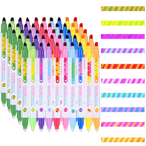Marspark 50 Pcs Magic Color Changing Markers Bulk Assorted Colors Fluorescent Erasable Highlightes Pens Double Head Highlighter for School Office DIY Cartoon Diary Note Taking Drawing