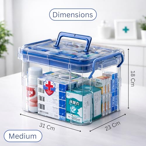 Image of HoopVool Clear Plastic Medicine Storage Box Organizer, Family Emergency Kit with Removable Pill Case Portable Lockable Container for, Art Craft and Cosmetic Household Organizer (Blue, Medium)
