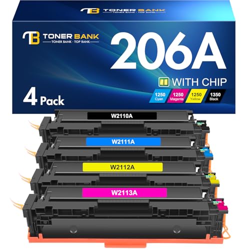 206A Toner Cartridges 4 Pack M283fdw M283cdw Set Compatible Replacement for HP 206A 206X Color Laserjet Pro MFP M255dw M255nw M283 M255 Printer High Yield Ink (with Chip) (Black Cyan Yellow Magenta)