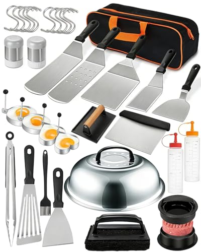 32 teiliges Plancha-Zubehör-Set BBQ Grillbesteck Set Edelstahl Grillzubehör mit Plancha-Spachtel Smash Burgerpress Burgerglocke perfektes Grillgeschenk für Männer und Väter