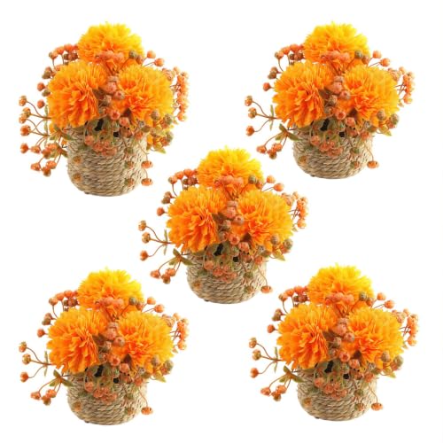 5 Pack Artificial Fall Flowers For Outdoors Fake Mums With Woven Basket Pot - image 3