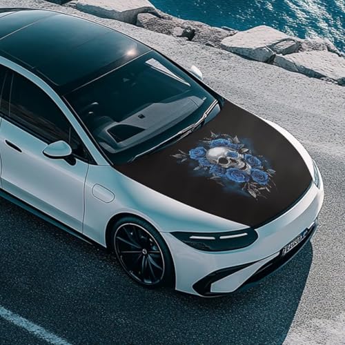 Image of Hood Covers for Cars All-Season Protection Fabric Skull and Flower Hood Cover Stretch Polyester Fabric Cover Removable Automotive Accessories Ft Fits Most Cars