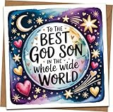 Tarjeta de felicitación Best Godson in the Whole Wide World, cuadrada de 145 mm x 145 mm, diseño de estrellas celestiales y corazones, incluye sobre de papel kraft, para cumpleaños, bautizo