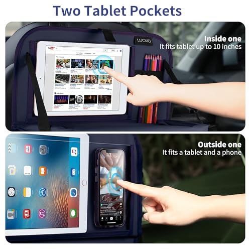 Image of LUCMO Car Backseat Organizer with Foldable Tablet Holder, Dark Blue | 2 Pcs,6 Storage Pockets,Foldable Food Tray,Protectors Kick Mats,Travel Accessories,Seat Cover,Road Trip Essentials